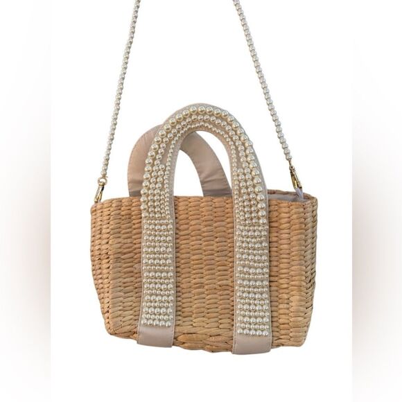 Women's Pearl Detail Wicker Bohemian Beachy Mini Bag - Picture 3 of 9